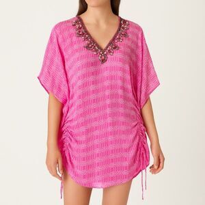 NWT Yumi Kim Maze Cover Up Jeweled Beaded Cinched Kaftan Hot Pink Sheer Size M/L